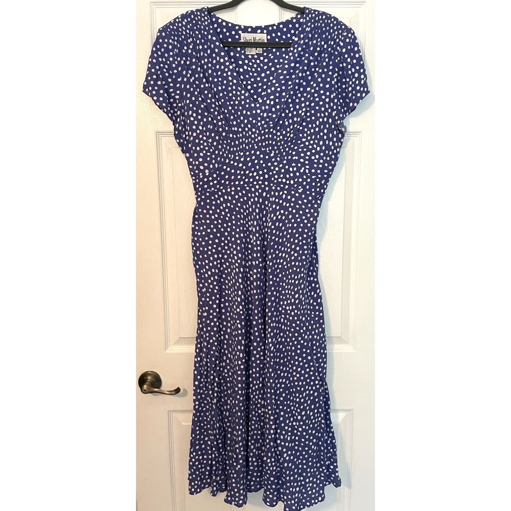 Sheri Martin New York Sz 16 Maxi Blue Polka dot Dress Cottagecore Flowy Vintage
